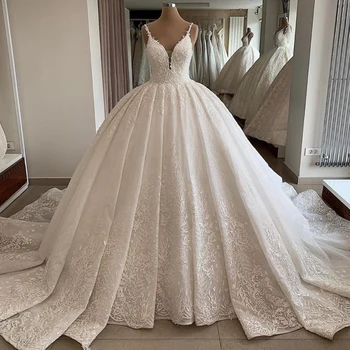 Очаровательное Свадебное платье с кружевной аппликацией и V-образным вырезом, бальное платье со шлейфом, шлейф на бретельках, плюс Размер, пышное свадебное платье Vestidos De Novia