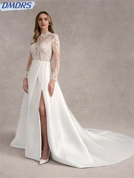 Очаровательное платье для выпускного вечера с длинным рукавом 2024, Сексуальное вечернее платье с открытой спиной, элегантное кружевное атласное свадебное платье в пол, vestidos De