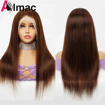 Парики с прямыми кружевами размером 13x4 косточки, цвет 2/4 коричневых Бразильских натуральных волос, парик с прозрачной кружевной застежкой 4x4 для женщин Remy