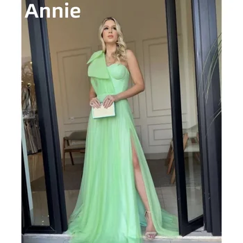 Платье для выпускного вечера с разрезом сбоку на одно плечо Annie, Зеленое Газовое Вечернее платье А-образной формы Для официальных мероприятий, Вечернее платье для вечеринок