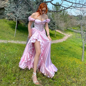Платье для косплея из глянцевого атласа Babydoll с высоким разрезом, розовое бюстье с оборками и открытыми плечами, винтажное вечернее коктейльное платье в саду