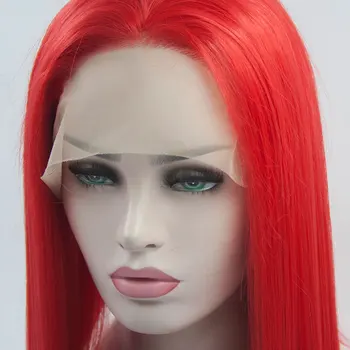 Потрясающая Огненно-красная Прямая Синтетическая шерсть 13X4, парики на кружеве, Бесклеевое термостойкое волокно, Натуральная Линия роста волос для женщин, косплей