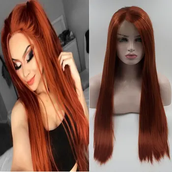 Потрясающий Оранжевый цвет, Шелковистые Прямые синтетические парики на кружеве 13X4, Бесклеевые волосы из высококачественных термостойких волокон для женщин
