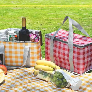 Принадлежности для пикника, Клетчатые сумки для еды, Термоизолированный холодильник, Весенняя сумка для пикника, сумка для хранения продуктов в кемпинге