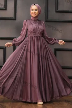 Простые классические аппликации Пышные рукава Шифоновые платья с высоким воротом для официальных мероприятий Арабский Дубайский Кафтан Вечернее платье