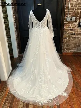 Реальное изображение, иллюзия V-образного выреза, свадебные платья больших размеров, Трапециевидные аппликации с длинными рукавами, кружевные свадебные платья