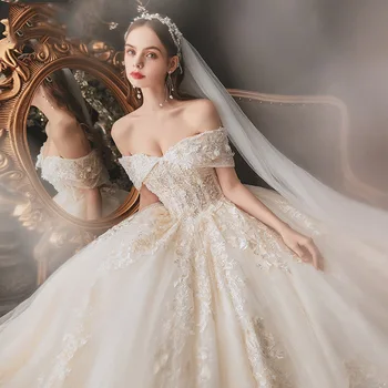 Романтичное свадебное платье с открытыми плечами, на шнуровке, трапециевидной формы, Роскошные аппликации из бисера, жемчужный шлейф, винтажные свадебные платья принцессы, Новые