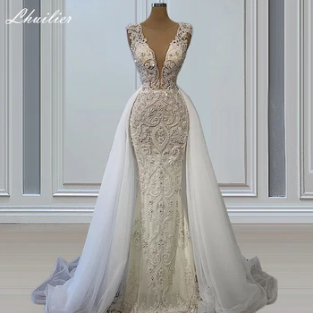 Роскошные свадебные платья русалочки с глубоким вырезом и иллюзией кружева, без рукавов, свадебное платье 2 в 1, расшитое бисером, со съемным шлейфом