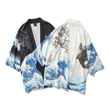 Самурай Новое японское кимоно с принтом Кои для мужчин хаори юката мужской костюм самурая одежда куртка-кимоно для мужчин рубашка-кимоно юката хаори