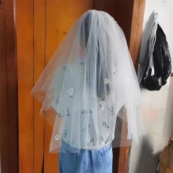 Свадебная фата с гребнем, аксессуары для волос для невесты, 2-ярусный прозрачный тюль, длиной 27,5 дюйма, с крошечными цветами