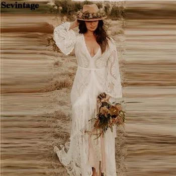 Свадебное платье Sevintage Mermaid, Богемное женское Пляжное кружевное платье в стиле бохо с V-образным вырезом и длинными расклешенными рукавами со шлейфом, для женщин, свадебные платья 2024 года