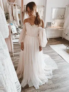 Свадебное платье в милый горошек с длинными прозрачными рукавами Принцесса 2021 Тюль Плюс Размер Пляжное пышное свадебное платье на заказ Дешево