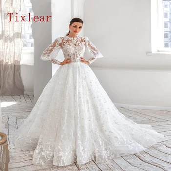 Свадебные платья TIXLEAR, кружевная аппликация, Свадебные платья с круглым вырезом и длинными рукавами, перспективное свадебное платье из тюля, Лето 2023