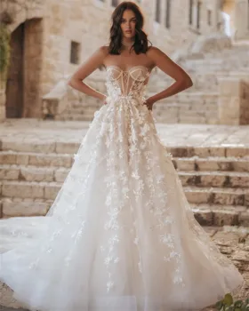 Свадебные платья без бретелек в стиле ретро, свадебное платье с кружевными аппликациями трапециевидной формы, сшитое на заказ с 3D цветами Vestido de novia