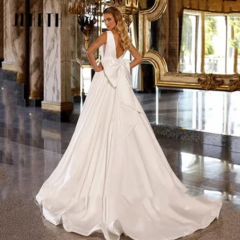 Свадебные платья трапециевидной формы JEHETH 2024, женское свадебное платье с V-образным вырезом и бантом, атласное элегантное платье принцессы без рукавов на заказ