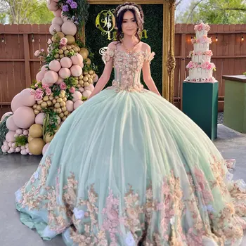 Светло-зеленое бальное платье, пышное платье 2024 XV, платье принцессы с цветочным рисунком, праздничное платье на день рождения, сладкое платье на день рождения, вечерняя одежда