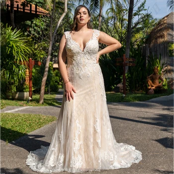 Современные свадебные платья JEHETH Champagne, большие размеры, платья для невесты без рукавов, кружевная аппликация, Русалка, Сексуальный V-образный вырез, vestidos de novia
