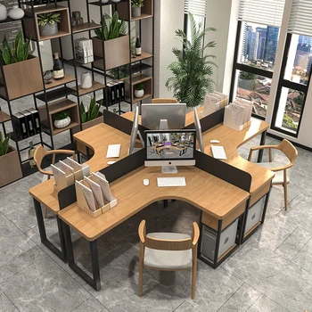 Стол для персонала офиса, стол для нескольких человек на 4 места, держатель для кабинки, угловой изогнутый компьютерный стол из массива дерева