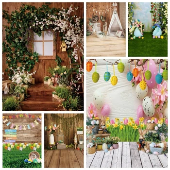 Счастливый Пасхальный фон для фотосъемки, Весна, Зеленая трава, Цветок, Яйца, Кролик, деревянная доска для малышей, Детская фотостудия