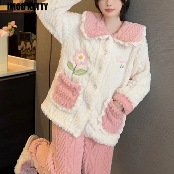 Теплая флисовая утолщенная пижама с цветочным рисунком, мягкий Универсальный домашний костюм для дам, пижамный комплект в стиле досуга, осенне-зимние пижамы для женщин