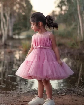 Тюлевое платье для дня рождения для маленьких девочек, свадебное платье с прозрачным вырезом, детская одежда, розовое платье принцессы для маленьких девочек с бантом
