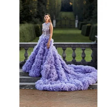 Фиолетовое вечернее платье с круглым вырезом, без рукавов, аппликации, шлейф из органзы, великолепное платье для выпускного вечера, специальное мероприятие, Грациозные женщины-гостьи 2024