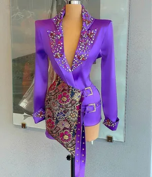 Фиолетовые коктейльные платья-футляр с V-образным вырезом и длинными рукавами, Короткие Мини-платья для встречи выпускников с вышивкой бисером От кутюр