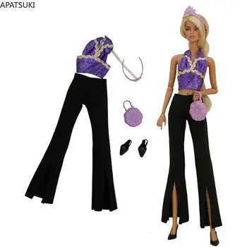 Фиолетовый Модный Комплект Кукольной Одежды для Куклы Барби Наряды 1/6 Куклы Аксессуары Для Барби Топ Брюки Обувь Сумка Корона Игрушки