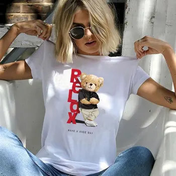 Футболка с изображением милого Медведя, Женская летняя одежда с короткими рукавами, Женская футболка с принтом, Модный стиль 90-х, Женские модные топы