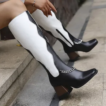 Черно-белые женские ботинки с острым носком в цветном блоке, на толстом каблуке, 43 размера, осенне-зимние женские ботинки с металлической цепочкой, женские ботинки