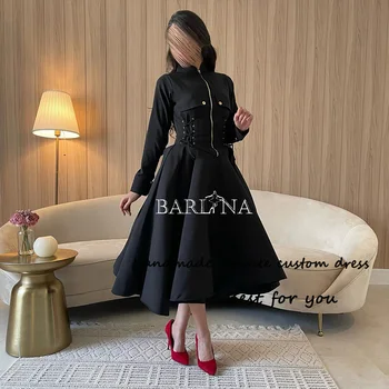 Черные вечерние платья с длинным рукавом и высоким вырезом трапециевидной формы, элегантное арабское платье для выпускного вечера, вечерние платья Дубая чайной длины.