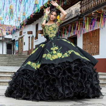 Черные платья Charro Quinceanera Бальное платье С длинными рукавами Аппликации из органзы и бисера Мексиканская сладость 16 платьев 15 Anos