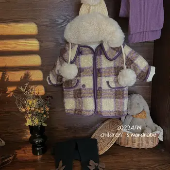 Шерстяное Пальто Для девочек, Куртка-Ветровка 2023, Новая Теплая Плюс Утепленная Зимняя Хлопковая Верхняя Одежда Для Подростков, Детская одежда