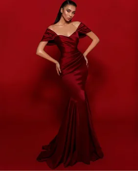 Элегантные вечерние платья цвета Русалки Макси из атласа бордового цвета с длинными открытыми плечами, плиссированное платье Abendkleider, сшитое на заказ для выпускного вечера