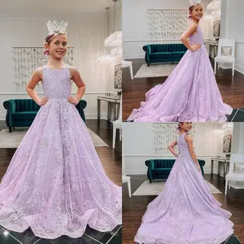 Элегантные фиолетовые платья без рукавов с кружевной аппликацией для девочек-цветочниц на свадьбу, платья для вечеринки в честь Первого евхаристического дня рождения принцессы