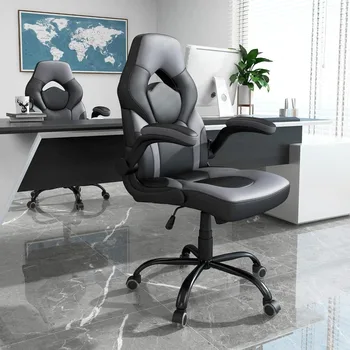 Эргономичный стул для компьютерных игр, обтянутый кожей, вращающийся рабочий стул, Регулируемая высота, Удобные мягкие подлокотники (серый)